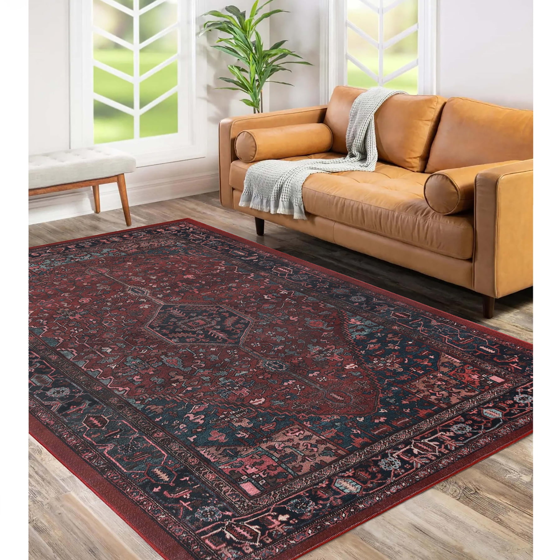 Red Geometric Southwestern Washable Area Rug with Cotton Backing