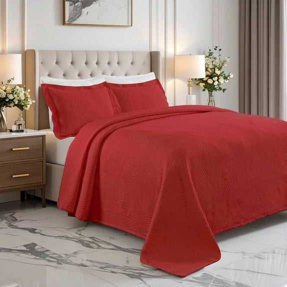 Superior Cascade Cotton Decorative Bedspread and Sham Set, Full, Cranberry