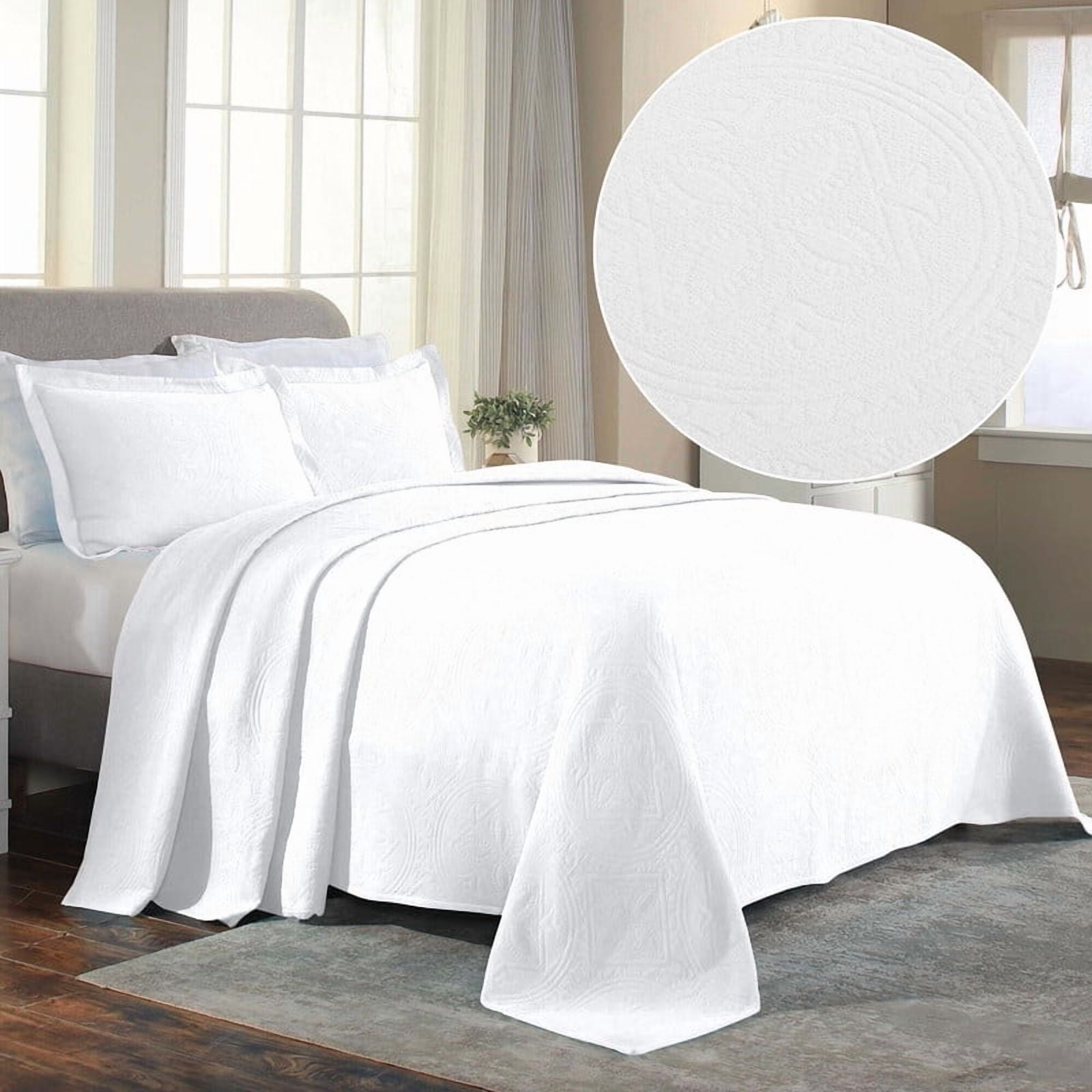Superior Celtic Circle Cotton Bedspread and Sham Set, 3-Piece Decorative Breathable Bedspreads, Full, White