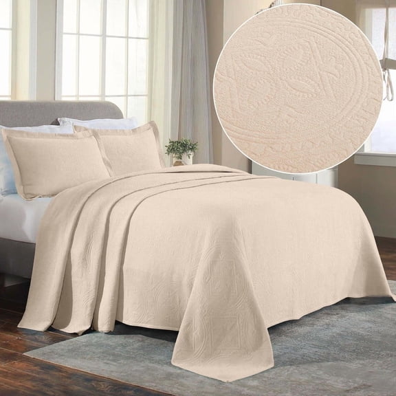 Superior Celtic Circle Cotton Bedspread and Sham Set, 3-Piece Decorative Breathable Bedspreads, Queen, Ivory