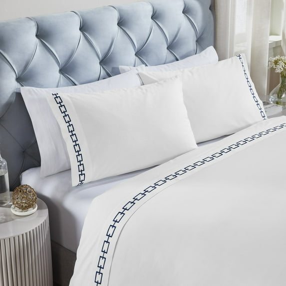 Superior Chain Links Embroidered Cotton Bed Sheet Set, Full, White/Navy Blue
