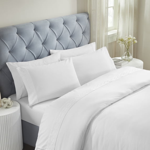 Superior Chain Links Embroidered Cotton Bed Sheet Set, King, White/Silver