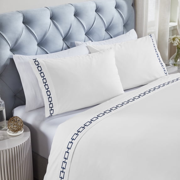 Superior Chain Links Embroidered Cotton Bed Sheet Set, Queen, White/Navy Blue