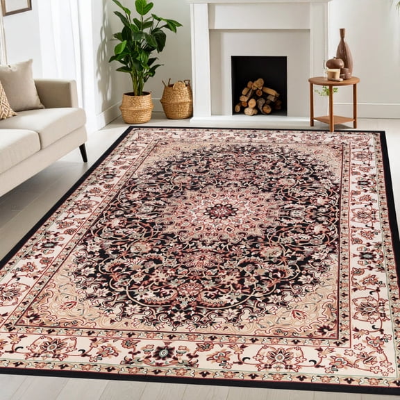 Superior Chatou Floral Medallion Washable Indoor Area Rug, 10' x 14', Black - Ivory