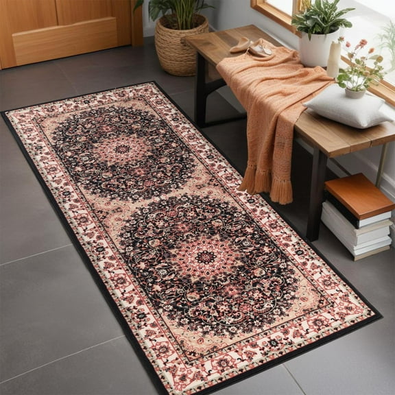Superior Chatou Floral Medallion Washable Indoor Runner Rug, 2' 7" x 6', Black - Ivory