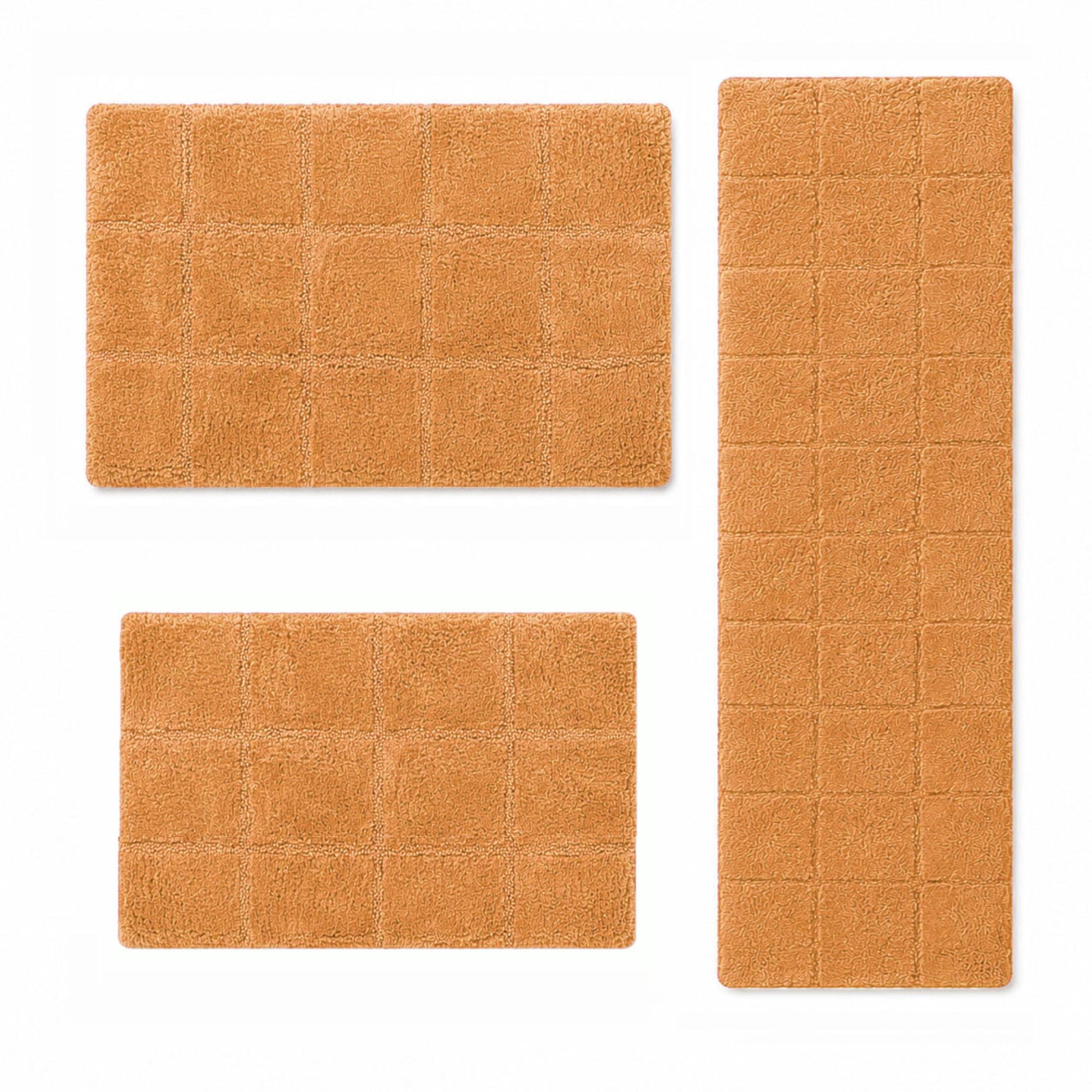 Superior Checkered Non-Slip Cotton 3-Piece Bath Rug Set with Runner, Rust
