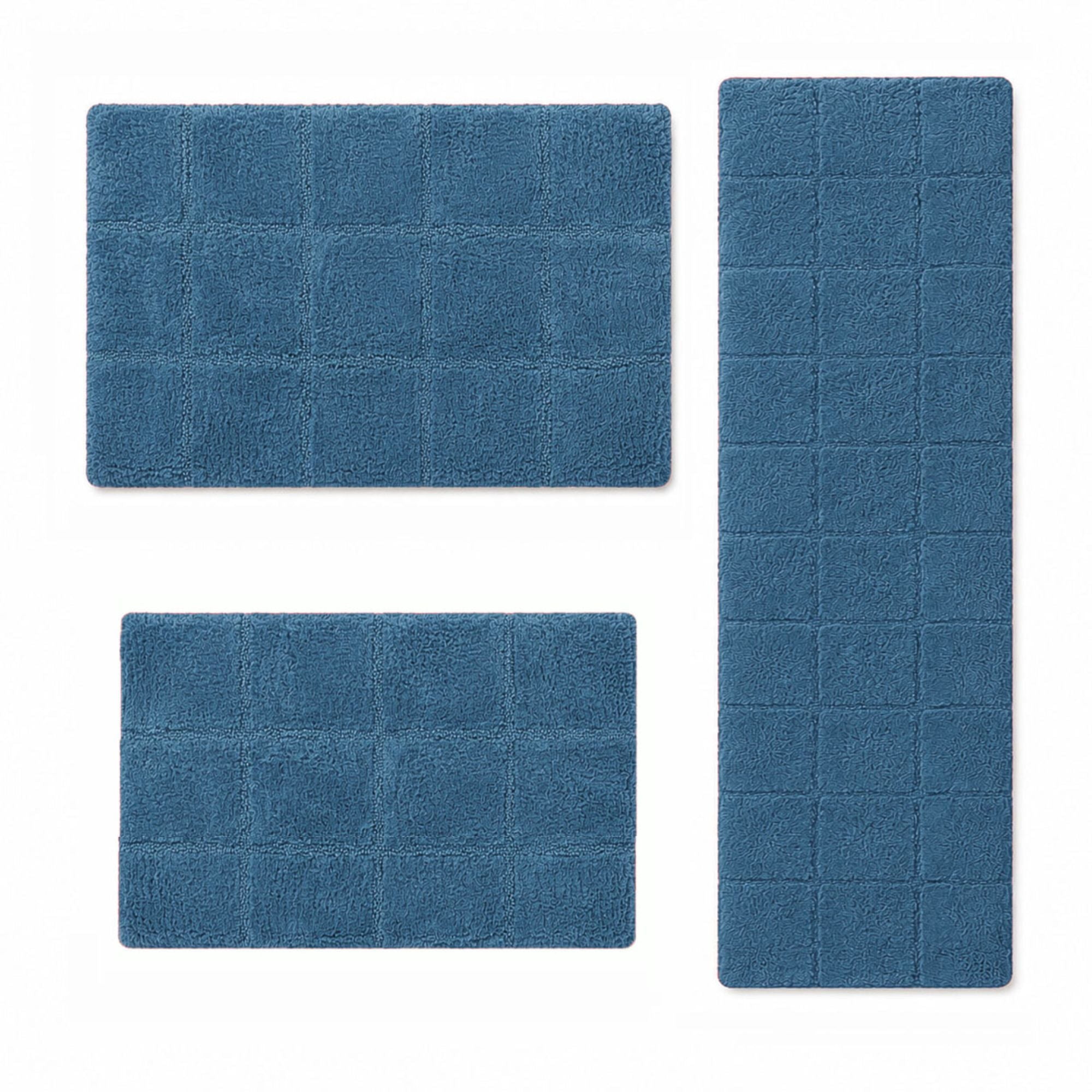 Superior Checkered Non-Slip Cotton 3-Piece Bath Rug Set with Runner, Sapphire
