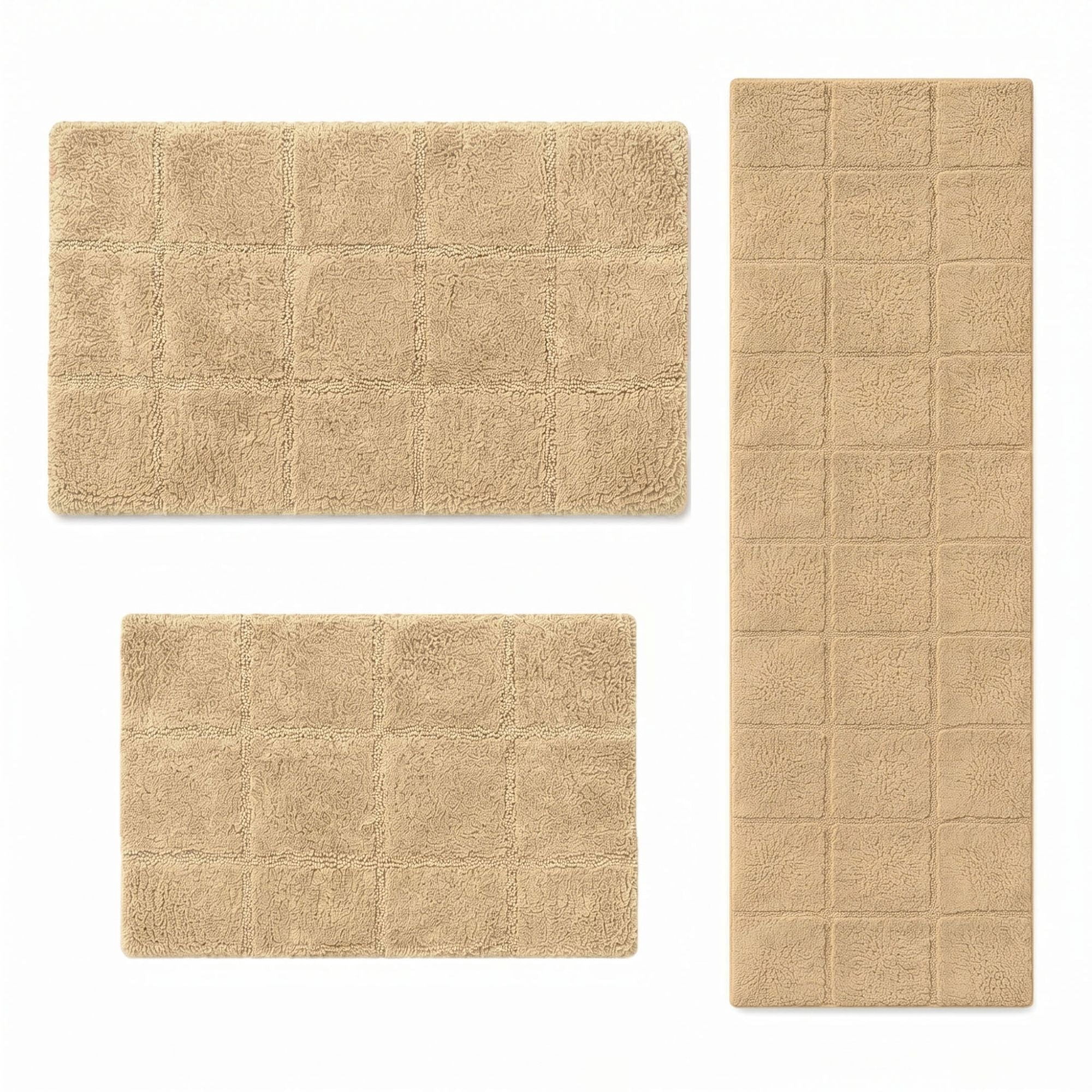 Superior Checkered Non-Slip Cotton 3-Piece Bath Rug Set with Runner, Taupe