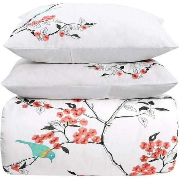 Superior Cherry Garden Cotton Duvet Cover Set, Full/ Queen, Coral