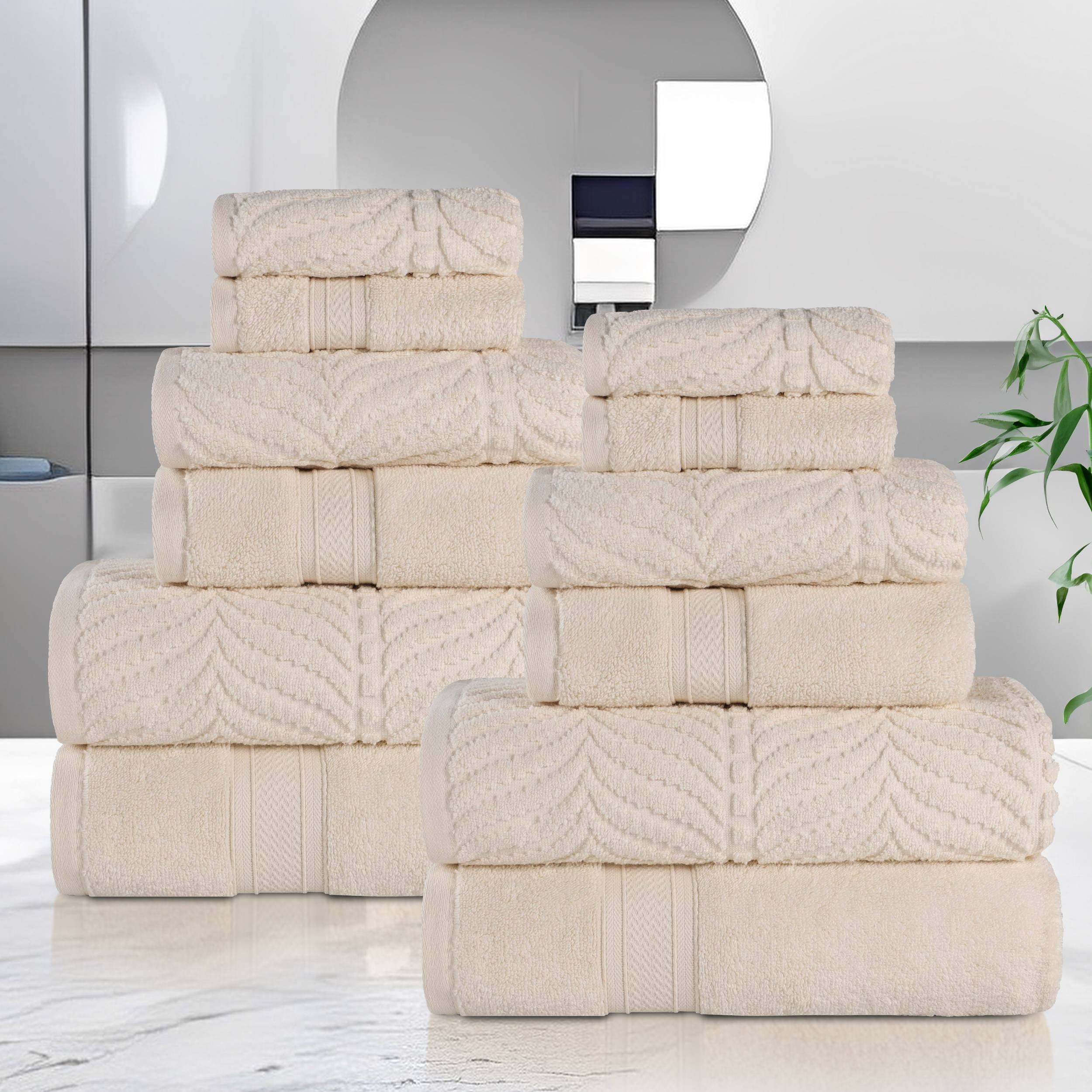 Ivory Cotton Chevron 12-Piece Towel Set with Zero Twist Weave