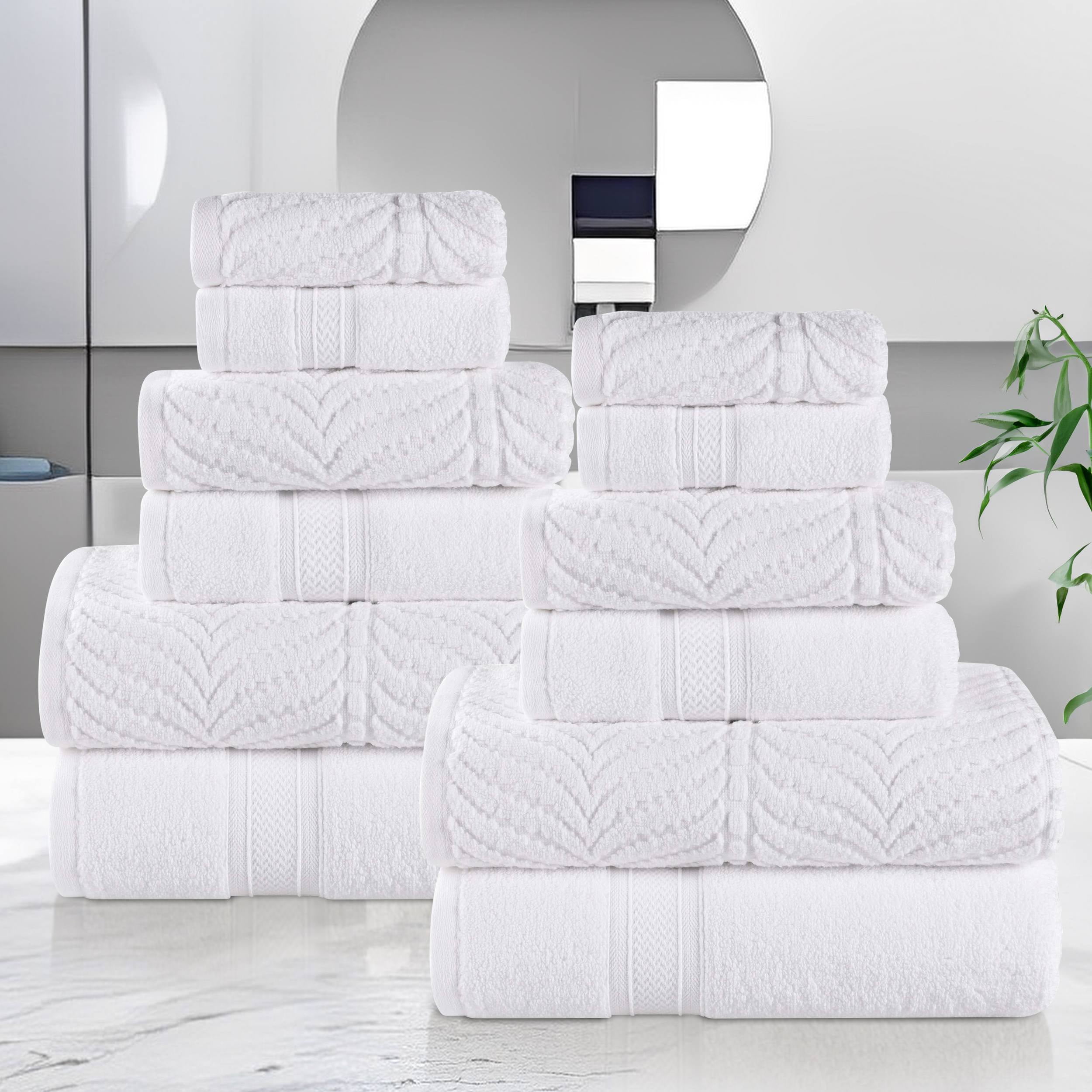 Superior Chevron 12-Piece Zero Twist Cotton Towel Set, Plush and Ulta Soft Towels, White