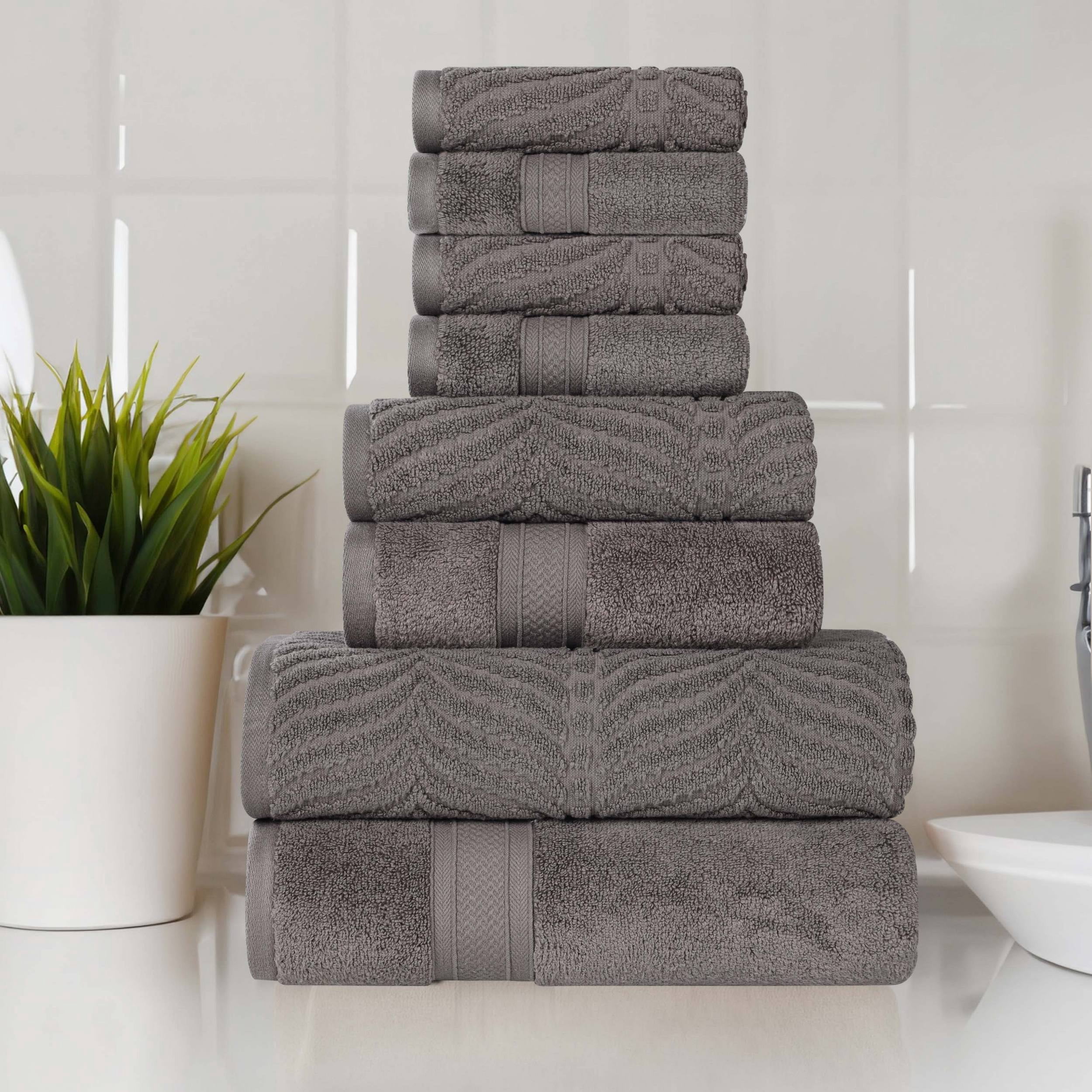 Superior Chevron 8-Piece Zero Twist Cotton Towel Set, Plush and Ulta Soft Towels, Charcoal