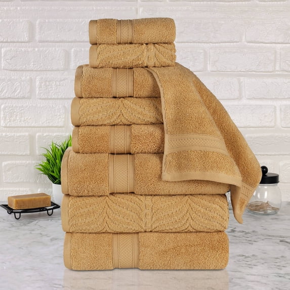 Superior Chevron 9-Piece Zero Twist Cotton Towel Set, Plush and Ulta Soft Towels, Gold