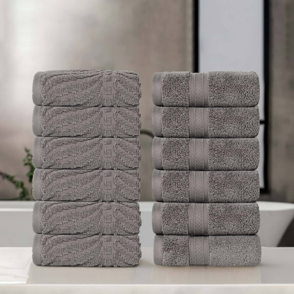 Superior Chevron Zero Twist Cotton Face Towel Washcloth Set of 12, Charcoal