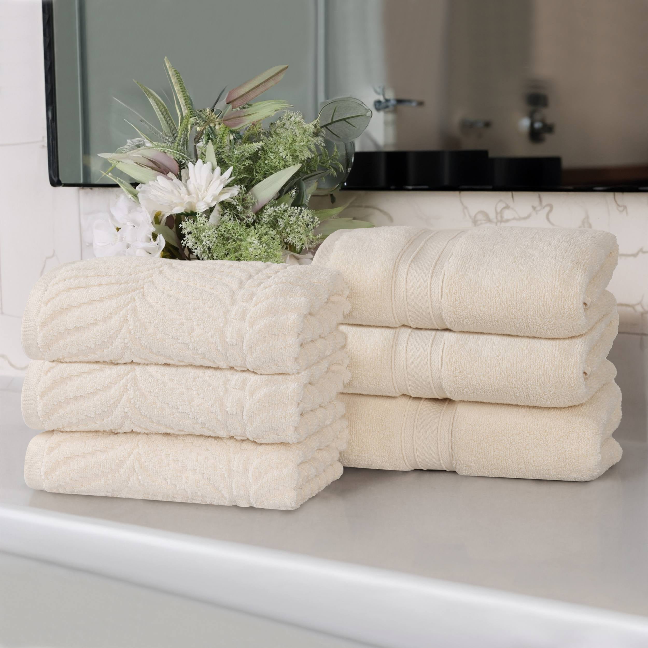 Superior Chevron 6-Piece Zero Twist Cotton Hand Towel Set, Plush and Ulta Soft Towels, Ivory