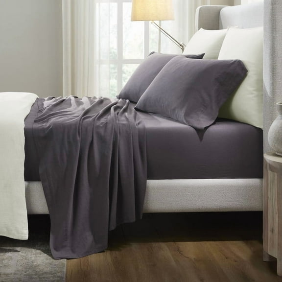 Superior Chloe 100% Cotton Percale Linen Texture Bed Sheet Set, Queen, Washed Plum