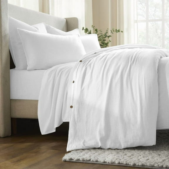 Superior Chloe 100% Cotton Percale Linen Texture Duvet Cover Set, Full/ Queen, White