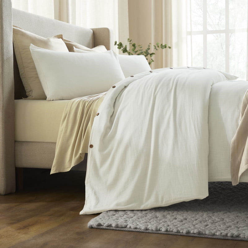 Superior Chloe 100% Cotton Percale Linen Texture Duvet Cover Set, King California King, Ivory