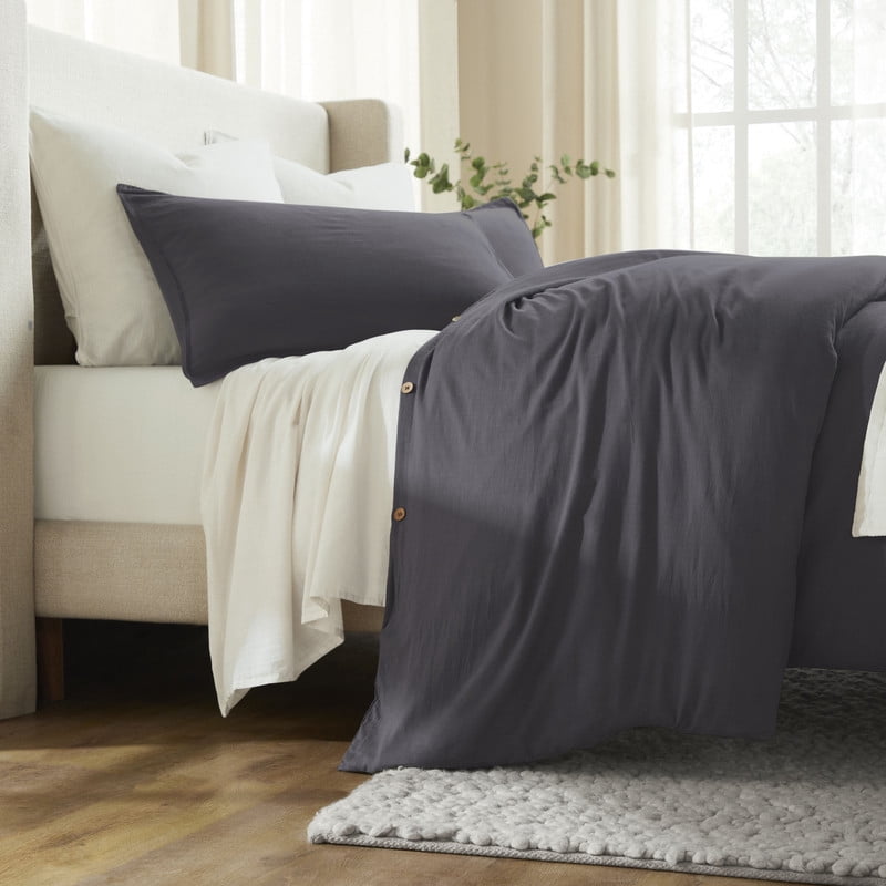 Superior Chloe 100% Cotton Percale Linen Texture Duvet Cover Set, King California King, Washed Plum