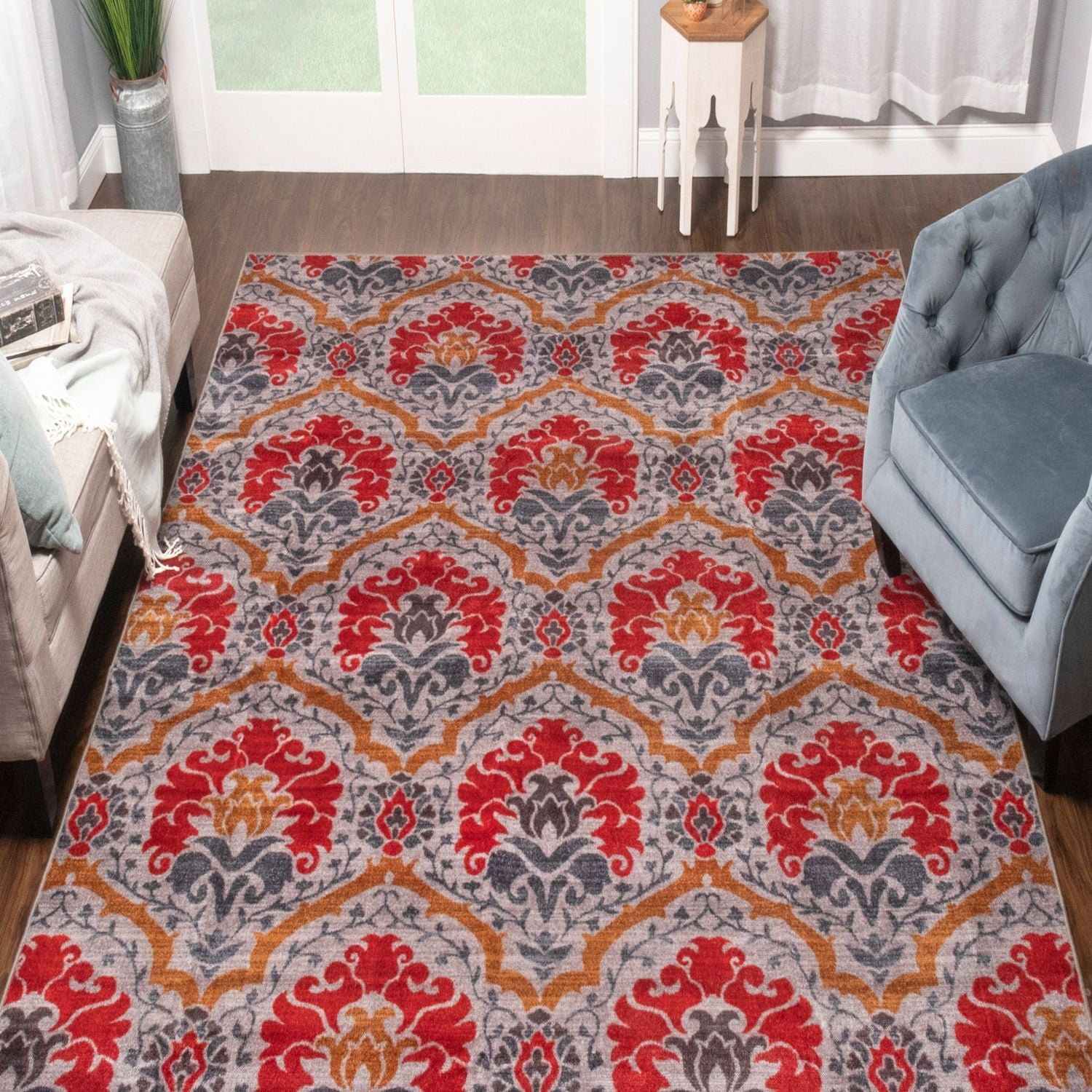 Gray and Red Floral Damask Non-Slip Washable Area Rug 4' x 6'