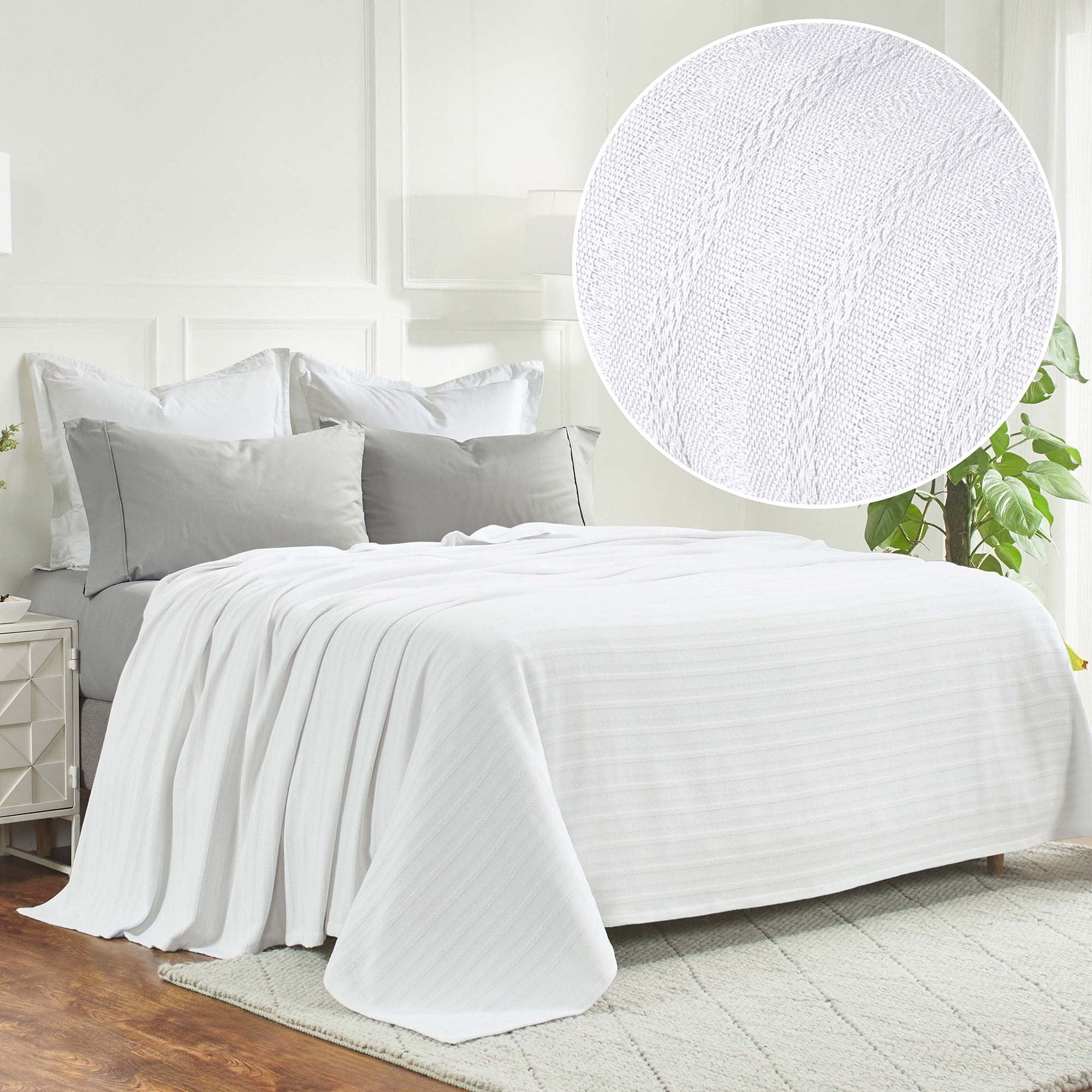 Superior Clara Cotton Striped Woven Blanket, California King, White