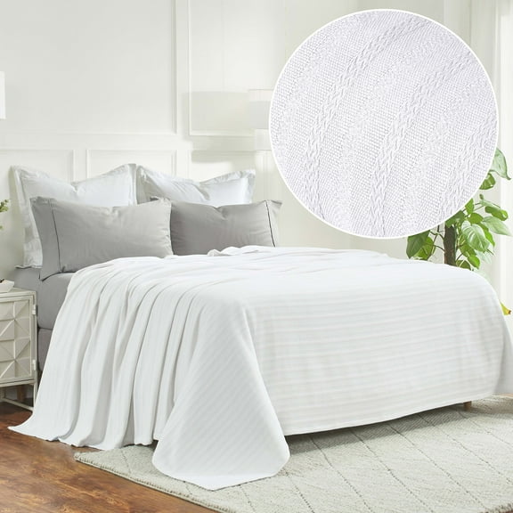 Superior Clara Cotton Striped Woven Blanket, California King, White