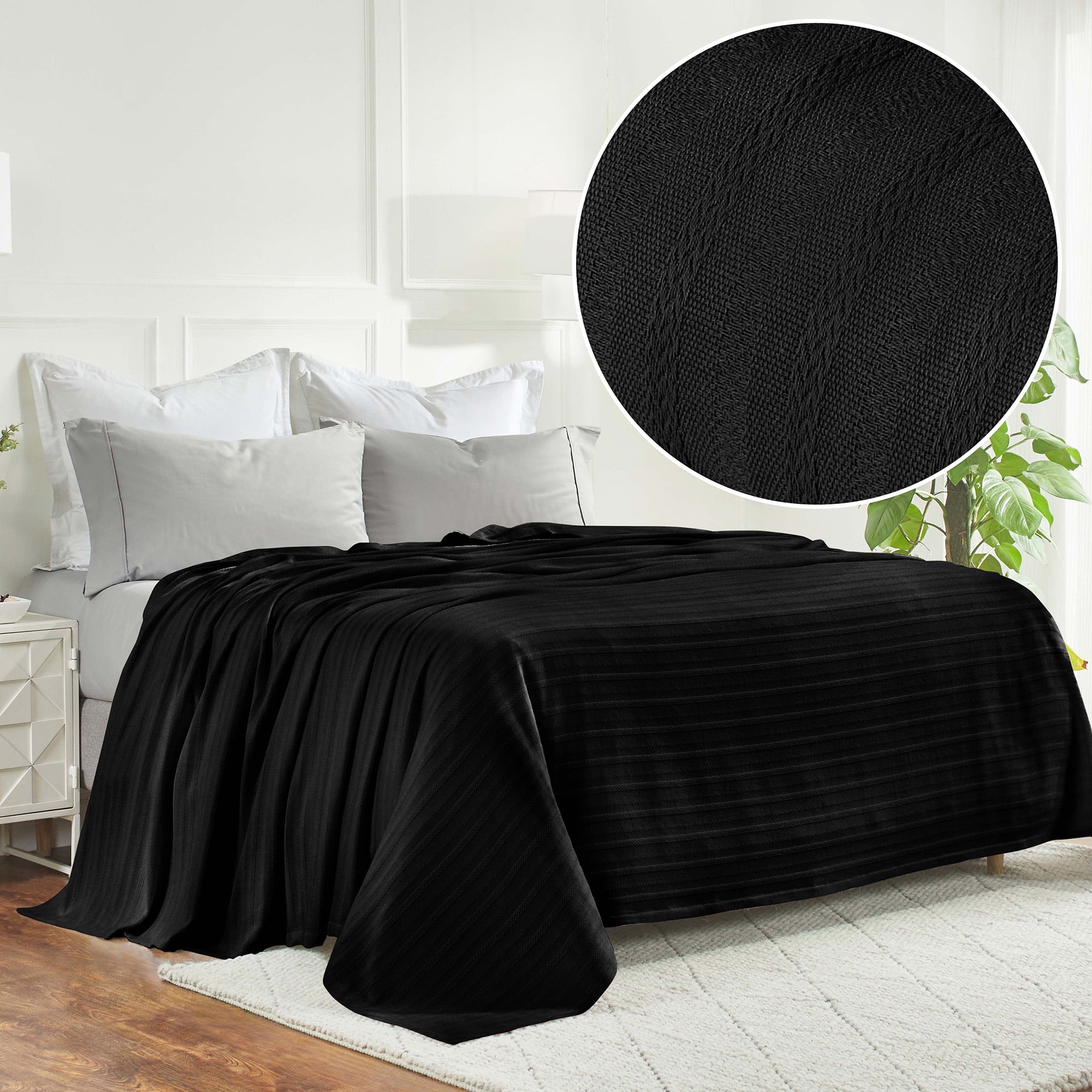 Superior Clara Cotton Striped Woven Blanket, Full Queen, Black