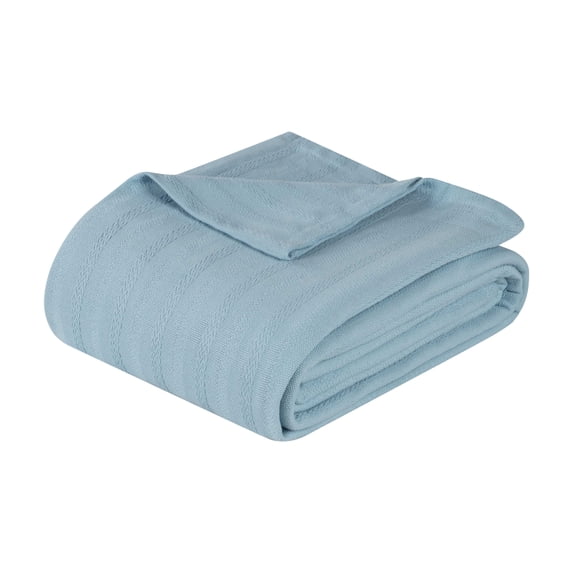 Superior Clara Cotton Striped Woven Blanket, Full Queen, Light Blue