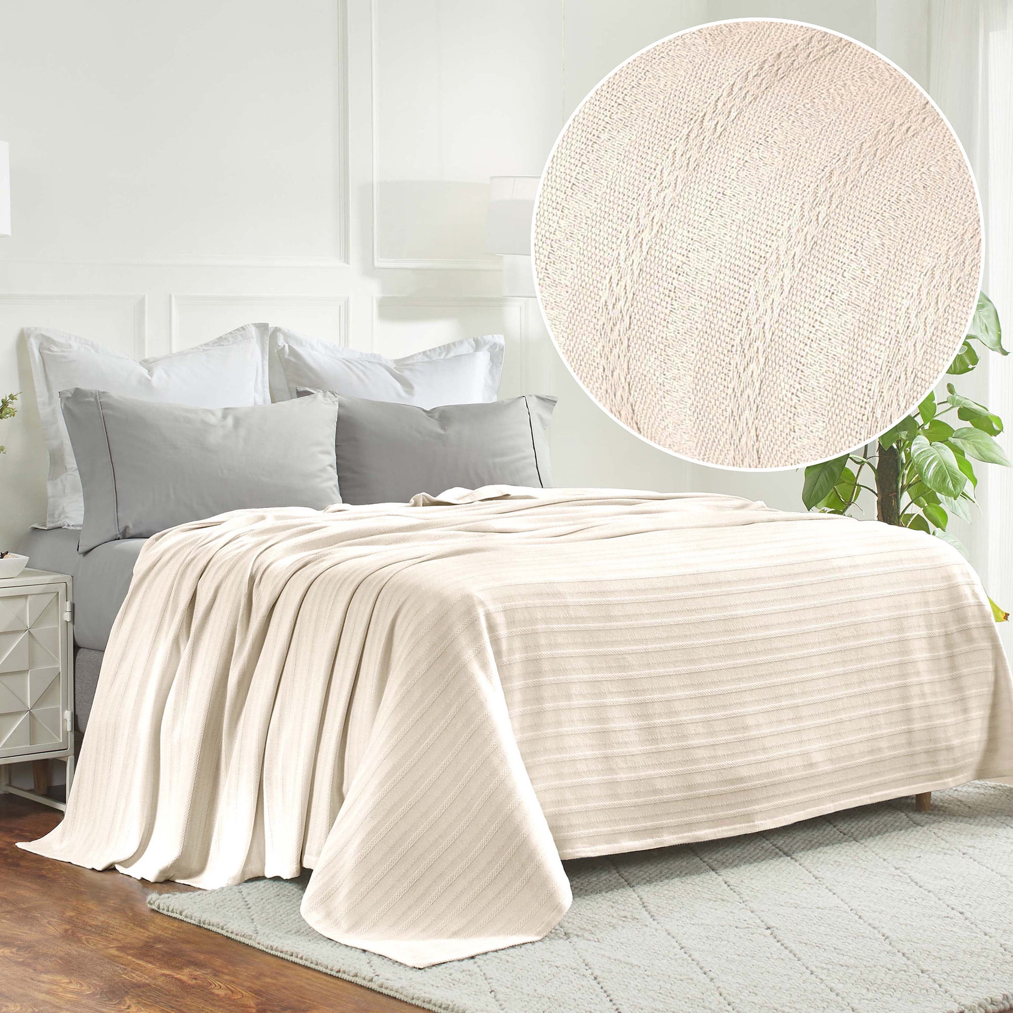 Superior Clara Cotton Striped Woven Blanket, King, Ivory