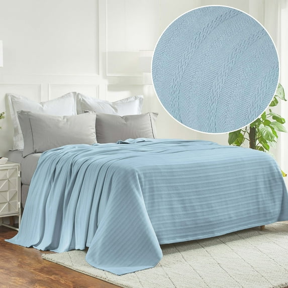Superior Clara Cotton Striped Woven Blanket, King, Light Blue