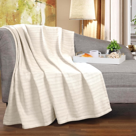 Superior Clara Cotton Striped Woven Blanket, Throw, Ivory