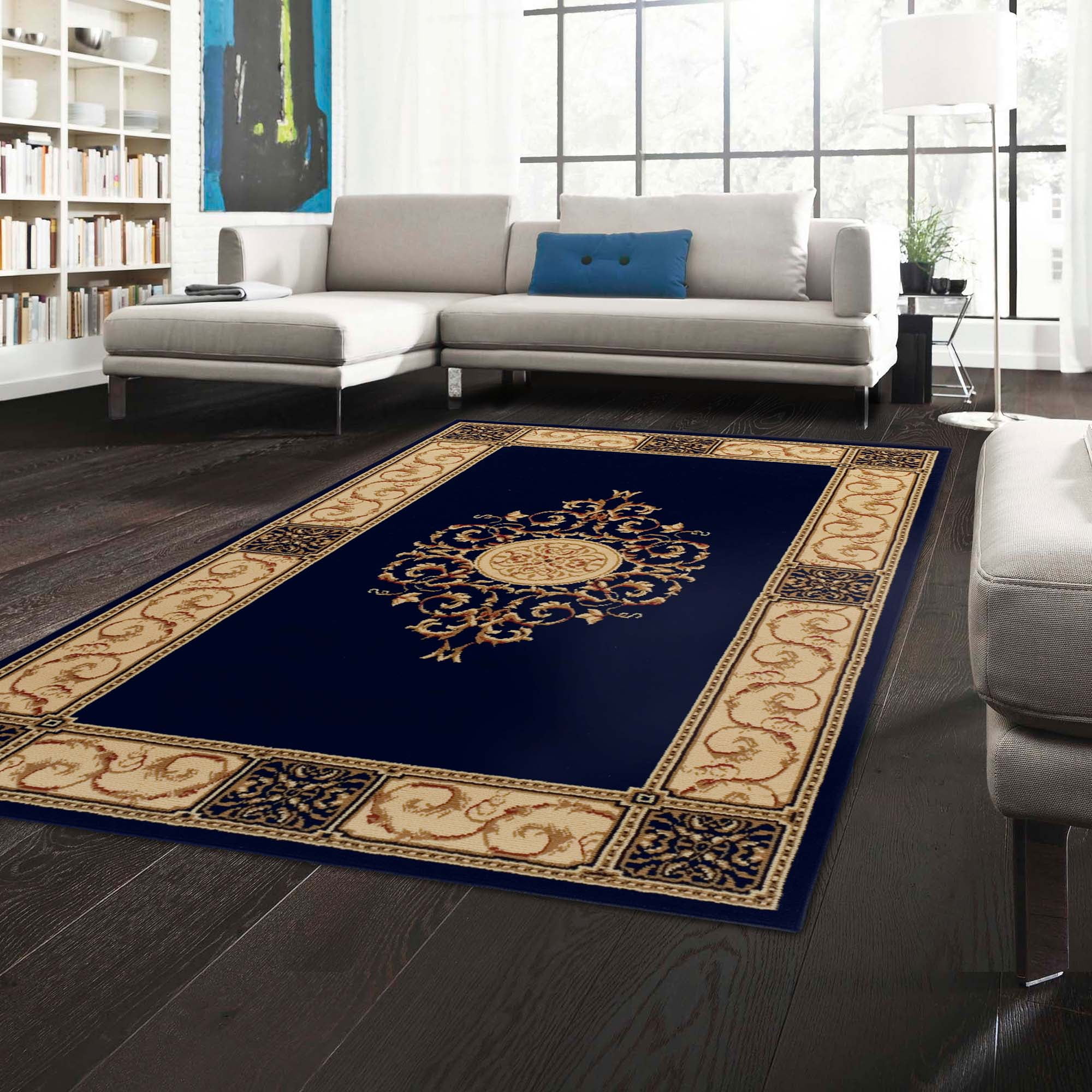 Midnight Blue Floral Medallion Synthetic Area Rug, 8' x 10'