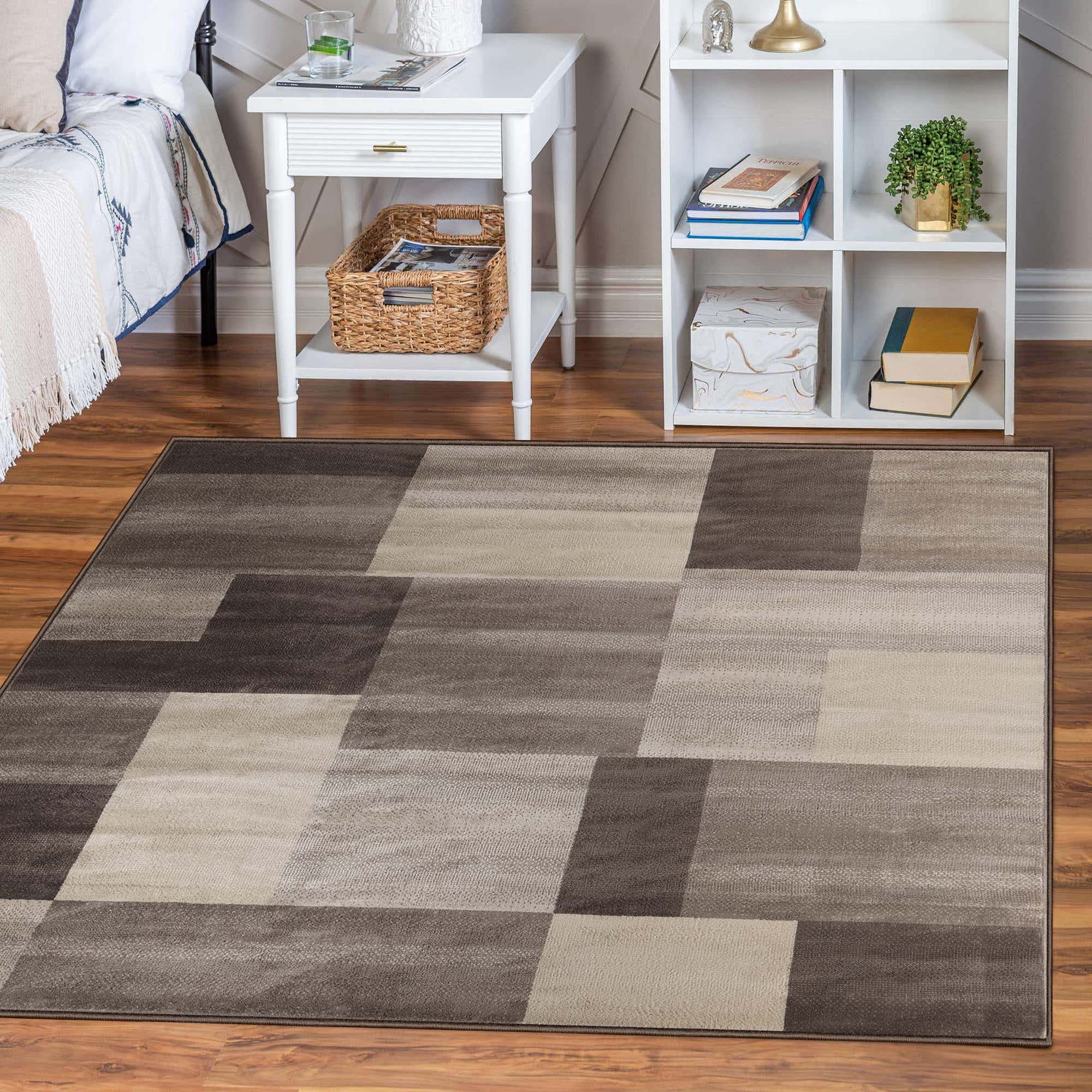 Beige Geometric Patchwork Easy Care Square Area Rug