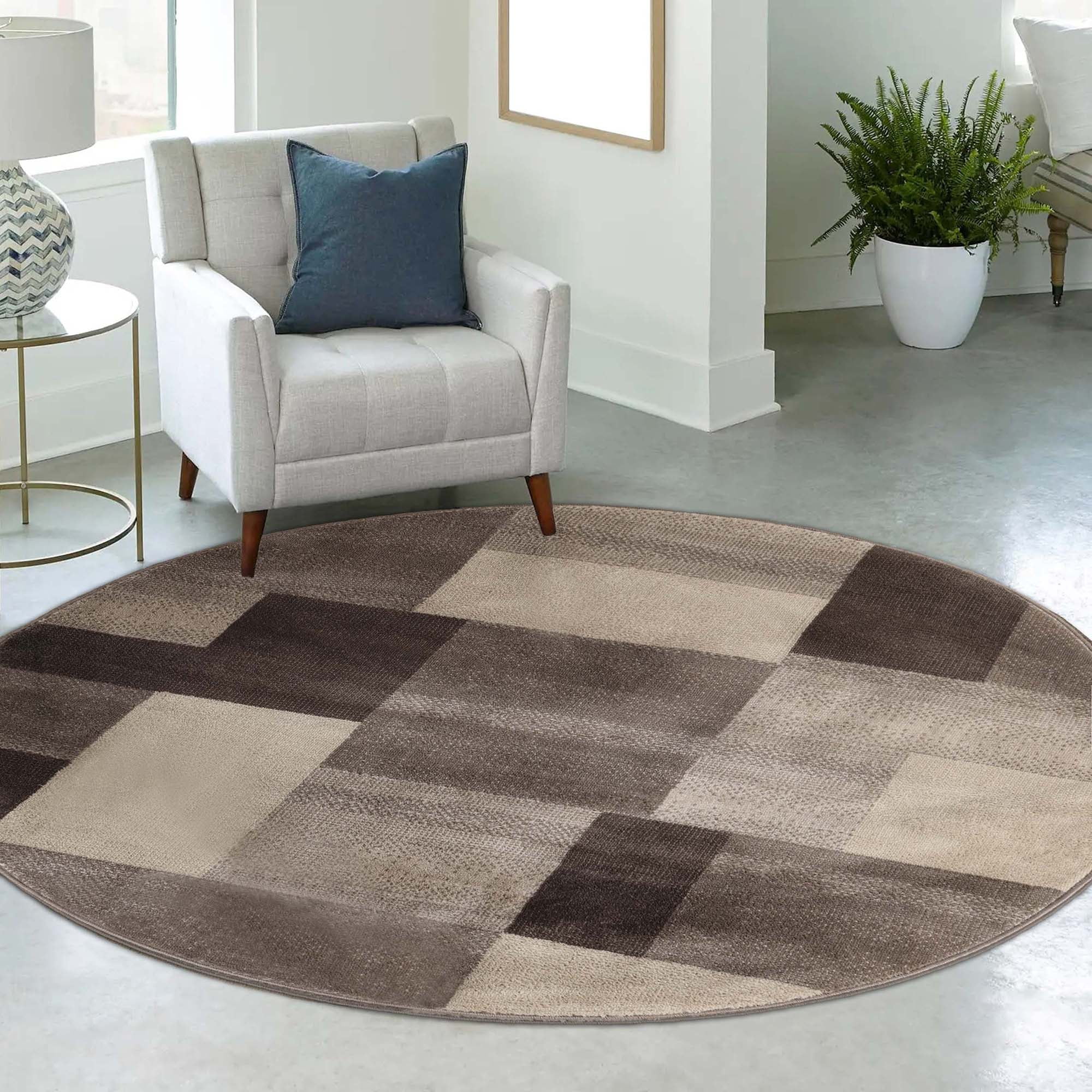 Superior Beige Geometric Round Synthetic Area Rug 8'