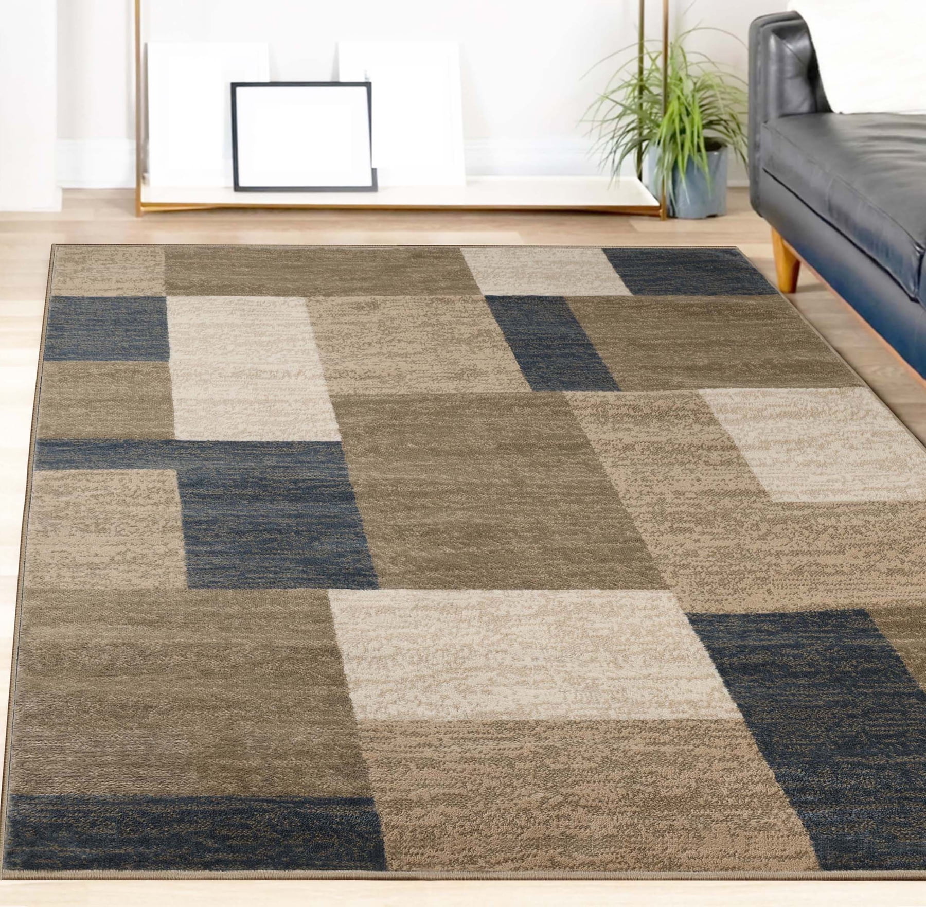 Superior Modern Geometric Fire Retardant and Anti-Static Indoor Area Rug, 8'x10', Beige-Blue