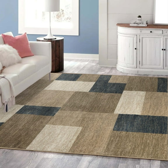 Superior Modern Geometric Fire Retardant and Anti-Static Indoor Area Rug, 8'x8' Square, Beige-Blue