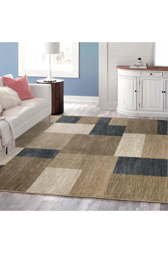 Modern Geometric Fire Retardant and Anti-Static Indoor Area Rug, 8'x8' Square, Beige-Blue