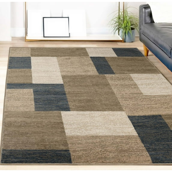 Superior Modern Geometric Fire Retardant and Anti-Static Indoor Area Rug, 9'x12', Beige-Blue