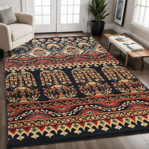 Superior Contemporary Geometric Abstract Floral Power-Loomed Indoor Area Rug, Black, 5' x 8'