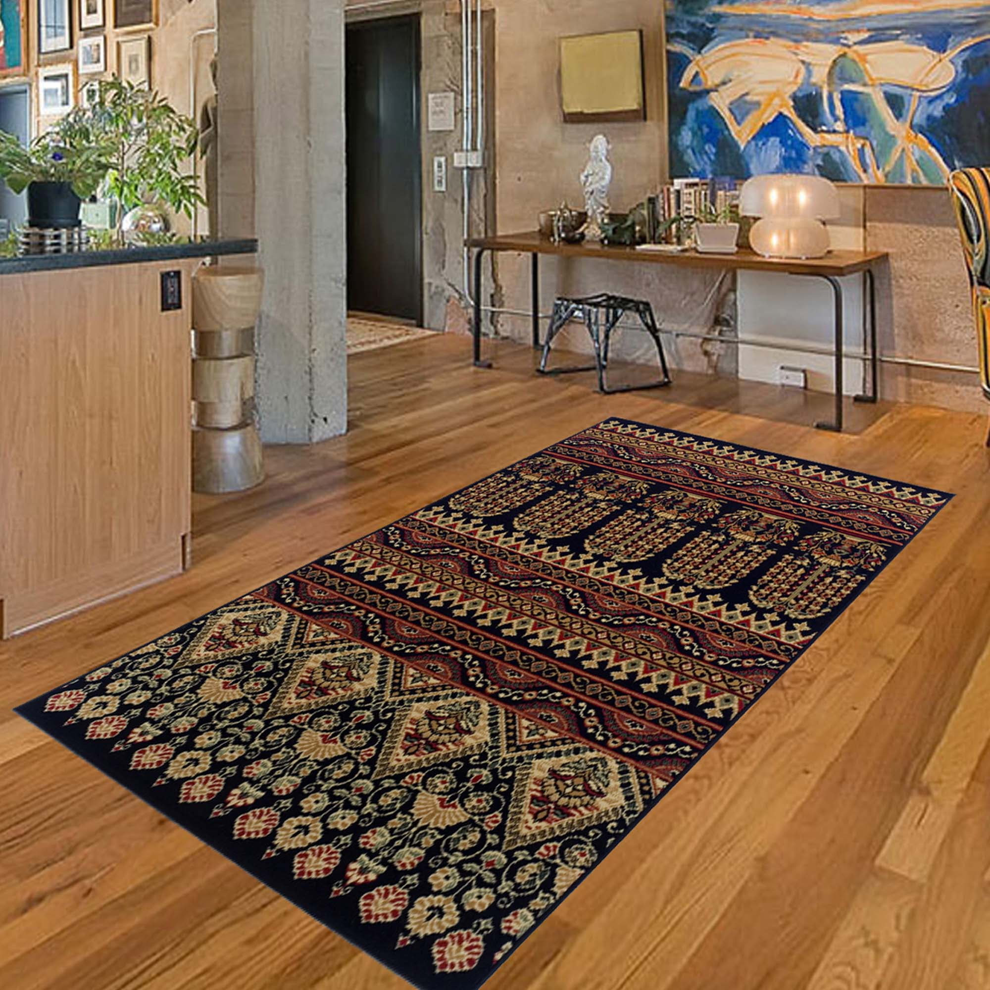 Black and Beige Floral Geometric Synthetic Indoor Area Rug, 6' x 9'