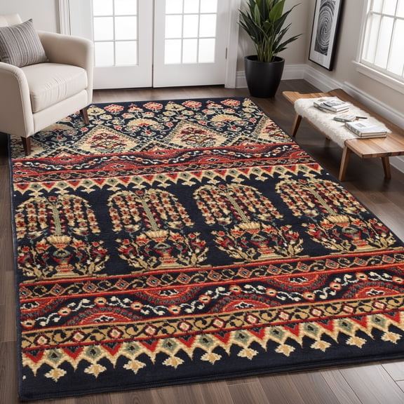 Superior Contemporary Geometric Abstract Floral Power-Loomed Indoor Area Rug, Black, 6' x 9'