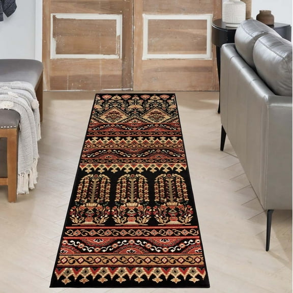 Superior Contemporary Geometric Abstract Floral Power-Loomed Indoor Runner Rug, Black, 2' 7" x 8'