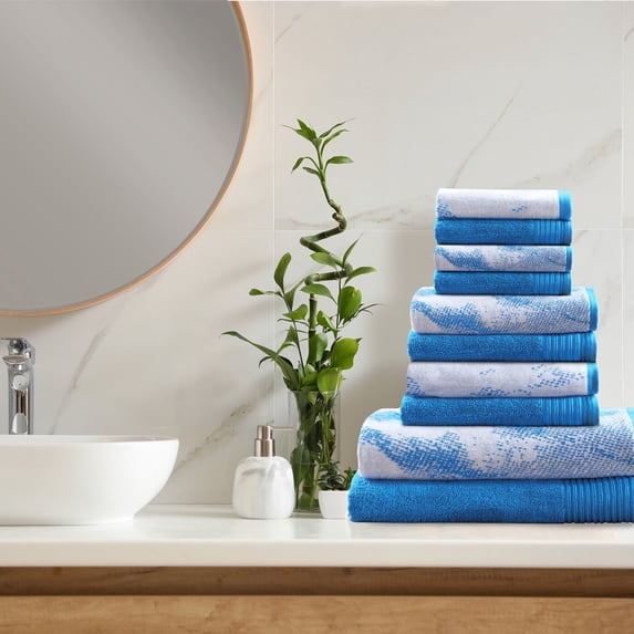 Superior Cotton 10 Piece Assorted Solid and Marble Towel Set, Blue