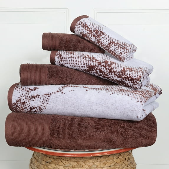Superior Cotton 6 Piece Assorted Solid and Marble Towel Set, Brown