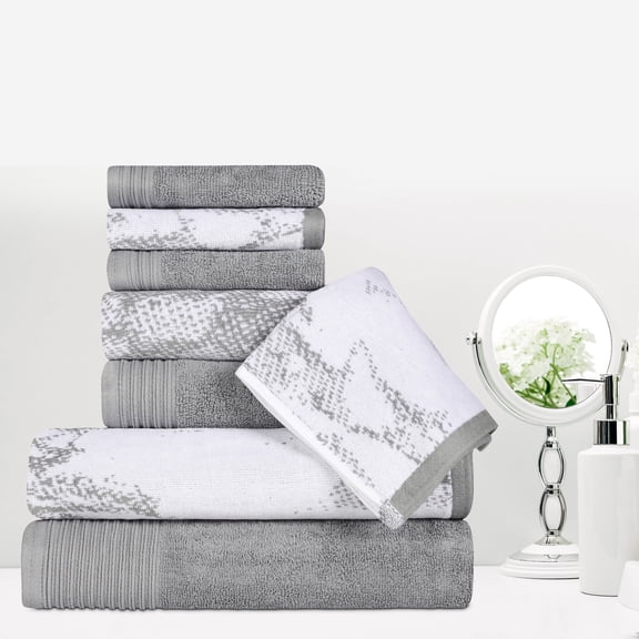 Superior Cotton 8 Piece Assorted Solid and Marble Towel Set, Grey