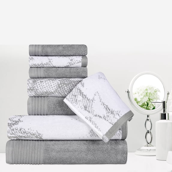 Superior Cotton 8 Piece Assorted Solid and Marble Towel Set, Grey