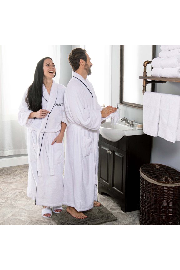 Cotton Adult Unisex Embroidered White Bathrobe, Large-X Large, HIS