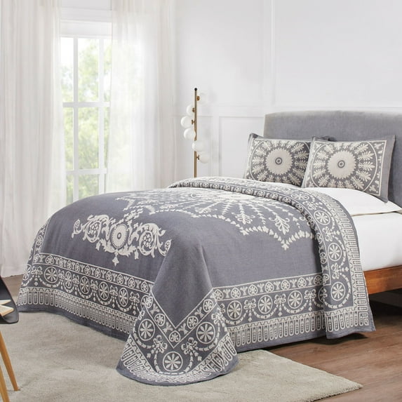 Superior Cotton Blend Woven Jacquard Vintage Medallion Bedspread Set 2-Pieces, Full, Charcoal