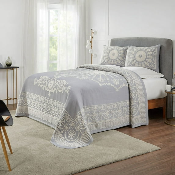 Superior Cotton Blend Woven Jacquard Vintage Medallion Bedspread Set 3-Pieces, King, Slate Blue
