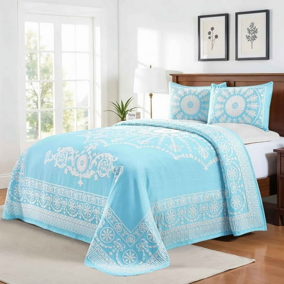 Superior Cotton Blend Woven Jacquard Vintage Medallion Bedspread Set 3-Pieces, Queen, Aqua